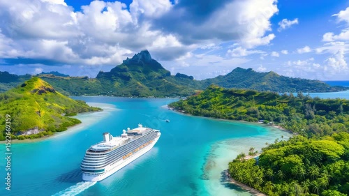 Nested between green hills, a cruise ship glides through crystal clear waters, revealing stunning island views and bright skies