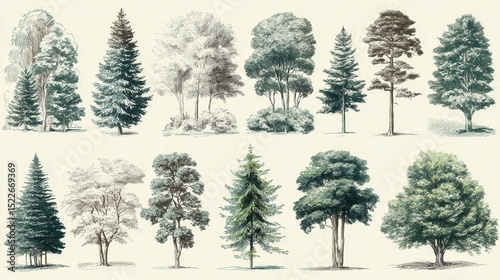 Wallpaper Mural Ultra quality image of vector tree sketch hand drawn style types green forest pine treetops collection of birch, cedar and acacia or greenery garden with palm and sakura illustration. Torontodigital.ca