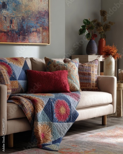 Contemporary living room with folded boho quilt on couch and stitched pillow decor