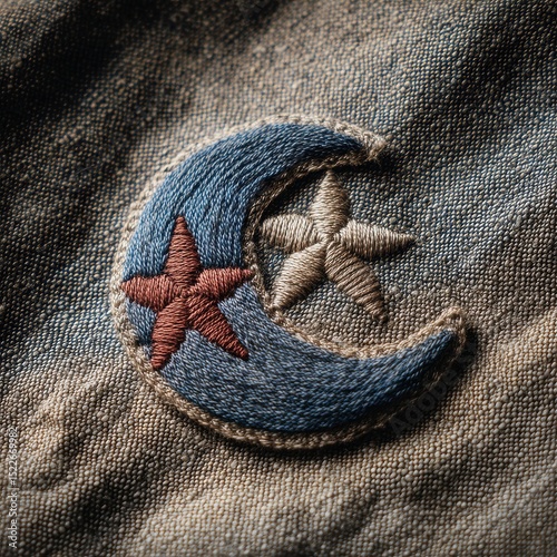 Crescent moon and stars stitched onto aged linen patch, imperfect handmade style