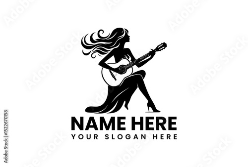 Artistic silhouette logo of graceful guitarist with flowing hair playing acoustic instrument  