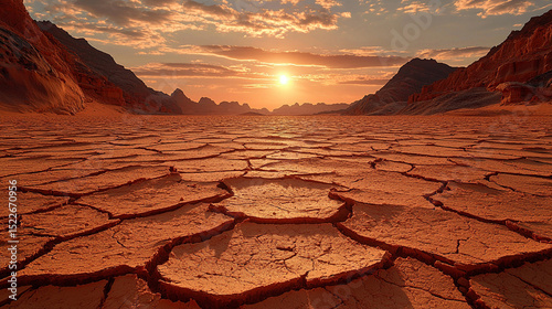 Stunning desert landscape with cracked earth under a beautiful sunset sky