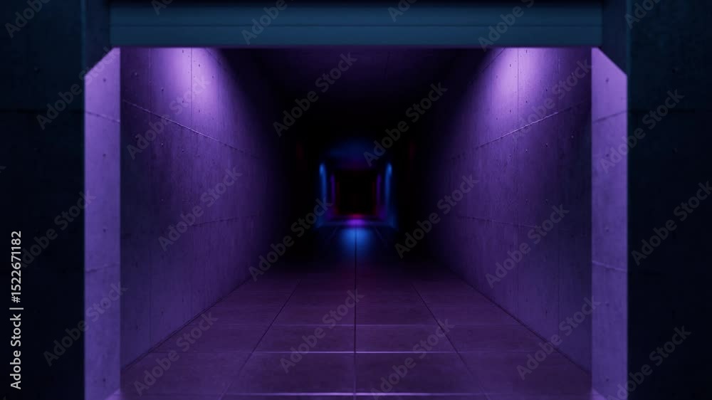 Metal garage door is lifting, revealing a dark corridor illuminated by neon pink and blue lights, creating a mysterious and futuristic atmosphere