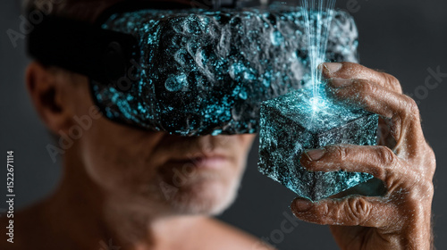 Man experiencing virtual reality with futuristic VR headset and glowing cube in his hand