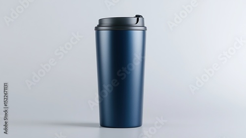 A tall, dark-blue travel mug with a black, snap-on lid stands on a light-grey background, subtly reflecting light.  Its cylindrical body is smooth and appears metallic