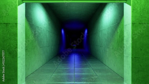 Green concrete tunnel transforming with changing light, generating mysterious futuristic atmosphere through vibrant neon illumination and shifting color perspectives