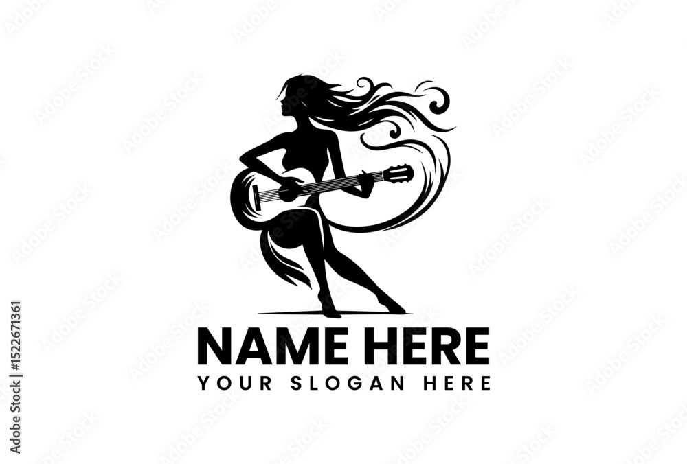 Fototapeta premium Artistic silhouette logo of graceful guitarist with flowing hair playing acoustic instrument 