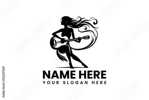 Artistic silhouette logo of graceful guitarist with flowing hair playing acoustic instrument  