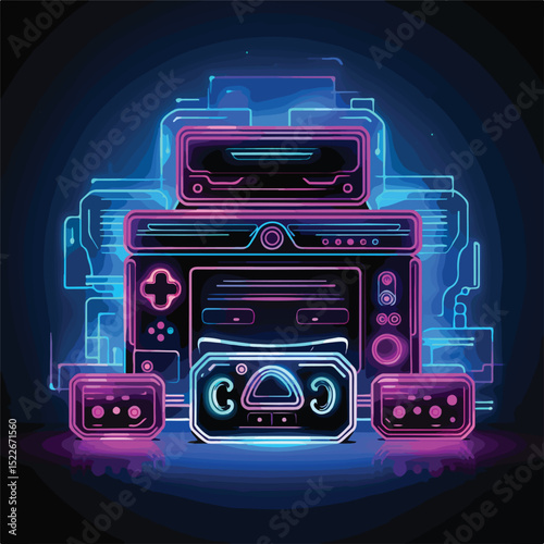 Professional Vector Illustration of Video Game Consoles in Neon Style for Design Projects