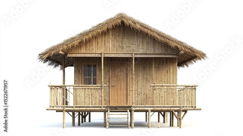 A small, elevated bamboo hut with a thatched roof, single door, small window, and a surrounding bamboo railing on a raised platform, isolated on a white background