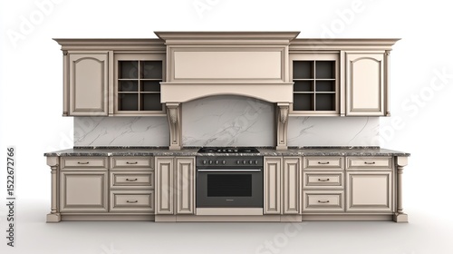 Cream-colored kitchen cabinetry with a range hood, black range, and marble backsplash.  Ornate detailing and glass-front upper cabinets