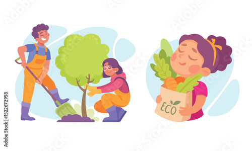Dedicated gardeners engage in planting trees while also harvesting their own fresh vegetables