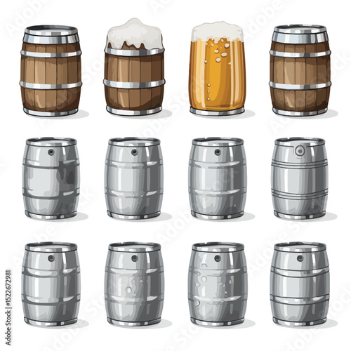 Collection of Aluminum Beer Barrels Isolated Icons for Brewing Industry Vector Illustration