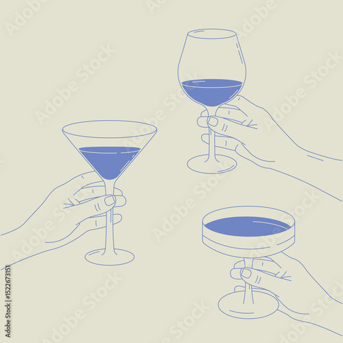 Minimalist illustration of hands holding glasses with drinks. Line art style with blue accents. Perfect for menus, parties, bar themes, and celebrations.