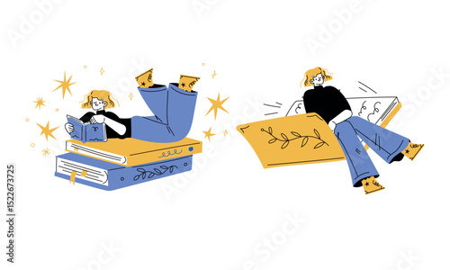 Playful Characters Engaged in Reading and Relaxation Amidst a Colorful World of Imagination