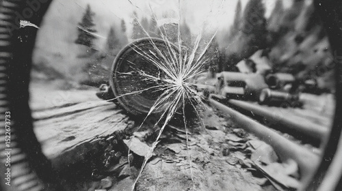 A black and white image of a train wheel with a broken glass lens on the front