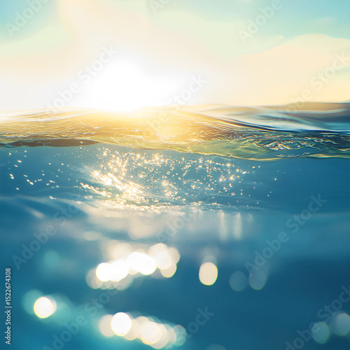 Macro of sunlit water surface with soft ripples and light reflections. Abstract aquatic texture that evokes calm, lightness, and summertime atmosphere. background