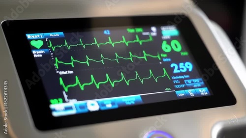 Medical heart monitor displaying ECG rhythm and vital signs, patient monitoring equipment - healthcare technology concept