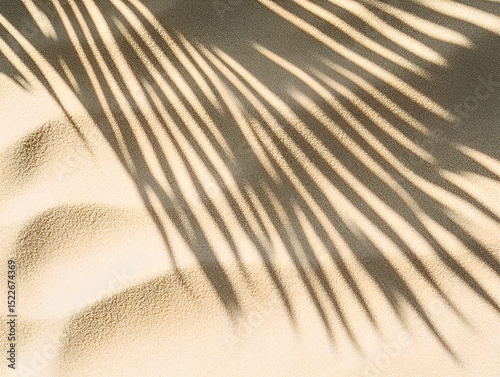 Top down macro photography of fine beach sand with shadow of tropical leaf. Minimalistic and elegant summer texture with natural lighting and attractive design. Vacation background
