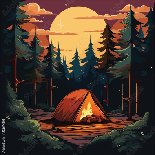 Serene Camping Adventure Scene with Tent and Bonfire in Lush Forest Setting