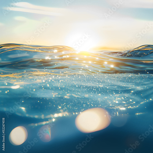 Macro of sunlit water surface with soft ripples and light reflections. Abstract aquatic texture that evokes calm, lightness, and summertime atmosphere. background