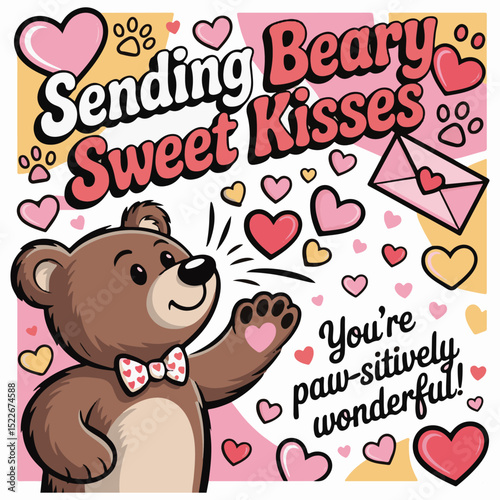 Adorable cartoon bear sending sweet beary kisses expressing love on valentine's day