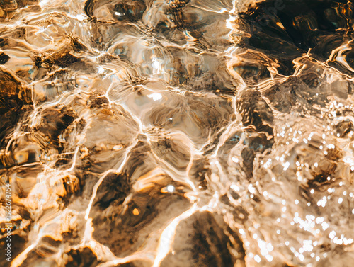 Macro of sunlit water surface with soft ripples and light reflections. Abstract aquatic texture that evokes calm, lightness, and summertime atmosphere. background