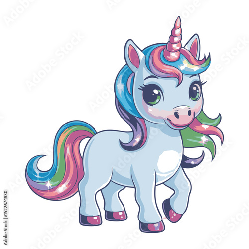 Adorable cartoon unicorn with rainbow hair and a pink horn walking on a white background
