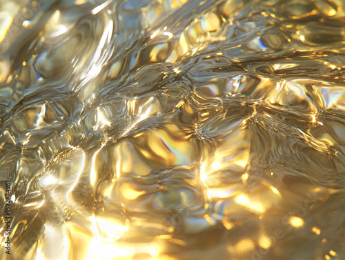 Macro of sunlit water surface with soft ripples and light reflections. Abstract aquatic texture that evokes calm, lightness, and summertime atmosphere. background
