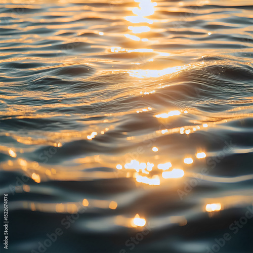 Macro of sunlit water surface with soft ripples and light reflections. Abstract aquatic texture that evokes calm, lightness, and summertime atmosphere. background