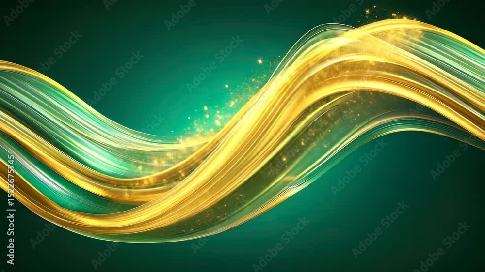 Festive Abstract Wave Design, Golden Luxury Ribbon Motion, Elegant Sparkling Flow Background, luxury golden wave ribbon with sparkles on green background and golden wave design element

