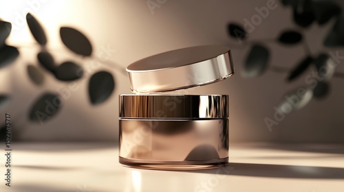 A rose-gold cosmetic jar with a slightly-lifted lid, sits on a white surface, softly lit, with blurred foliage in the background, suggesting a natural, luxurious product