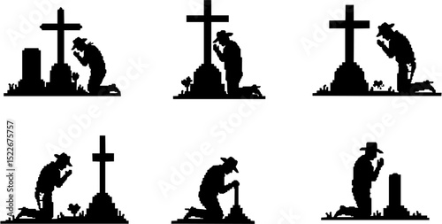 Cowboy Praying at Memorial Cross. vector silhouette
