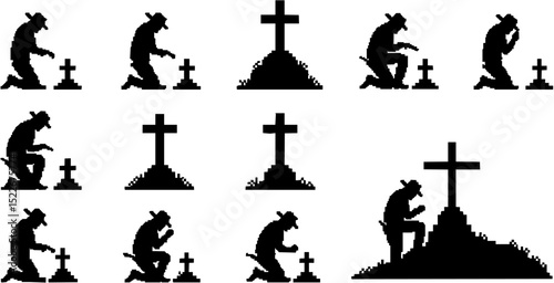 Cowboy Praying at Memorial Cross. vector silhouette
