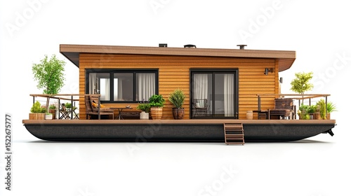 A modern, rectangular houseboat with a dark-grey hull and light-brown wood siding. It features two large patio doors, several potted plants, and outdoor seating areas on a spacious deck