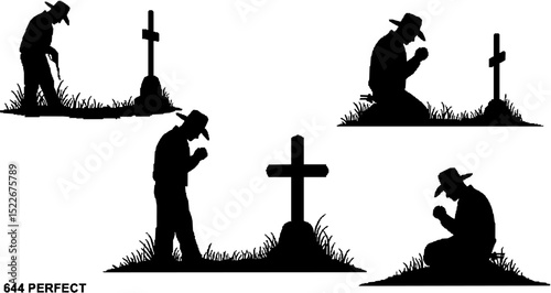 Cowboy Praying at Memorial Cross. vector silhouette
