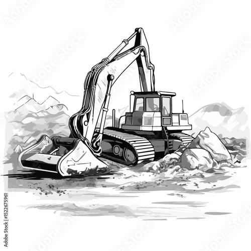 Professional Construction Backhoe Loading Gravel in Black and White Illustration