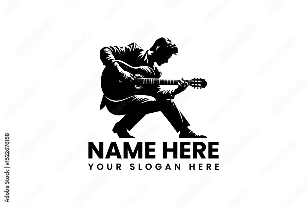 Fototapeta premium Dynamic silhouette vector logo of focused male musician playing detailed acoustic guitar performance 