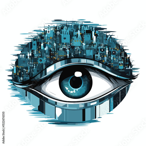 Modern data center concept with disks, eye, and human elements in vector illustration