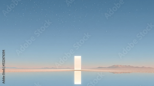 a surreal minimalist landscape with a single vertical beam of light hovering