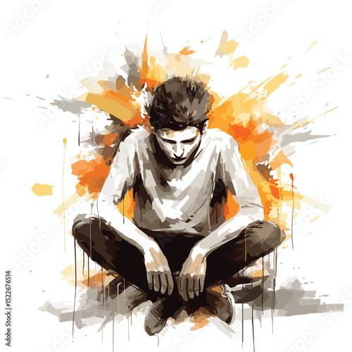 Professional Illustration of a Stressed Depressed Man Experiencing Mental Health Issues