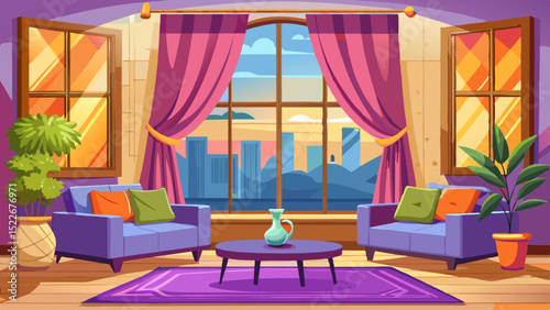 Modern living room interior with beautiful curtains on window