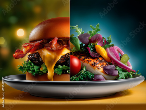 Realistic split-screen: juicy burger with cheese and bacon vs. colorful healthy plate with vegetables, fruits, and grilled chicken. Bright lighting.