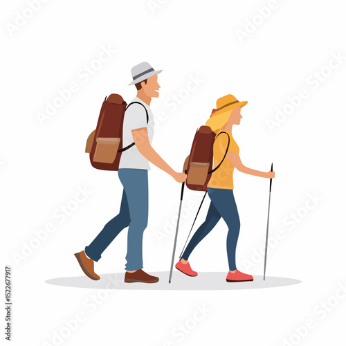 silhouette of a couple hiking with backpacks and poles, perfect for outdoor and adventure themed designs

