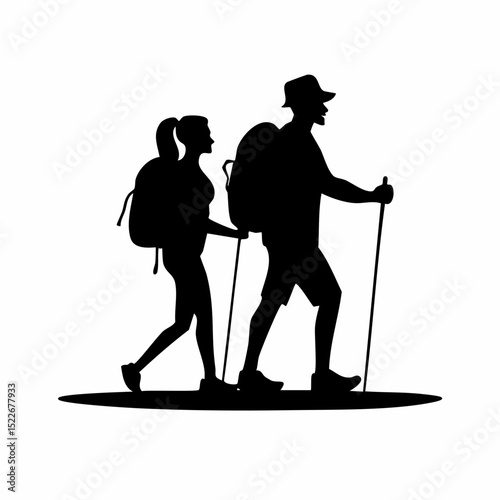 silhouette of a couple hiking with backpacks and poles, perfect for outdoor and adventure themed designs
