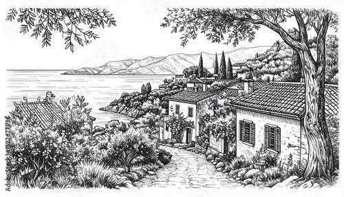 Mediterranean romantic landscape with old town in the first plan, sea and islands in the background. Handmade drawing vector illustration