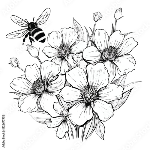 Cute Cartoon Flower with Bees Isolated in Black and White for Graphic Designs