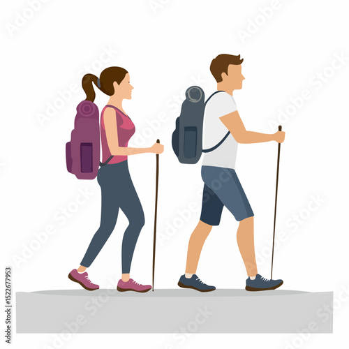 silhouette of a couple hiking with backpacks and poles, perfect for outdoor and adventure themed designs
