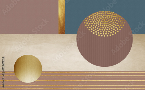 Fototapeta Naklejka Na Ścianę i Meble -  Modern wall decor wallpaper. 3d abstract, golden lines and marble, beige and brown shapes. interior wall home decor and carpet design