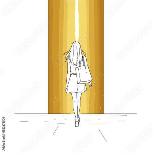 A woman, back view, walking with a large bag in a minimalist setting